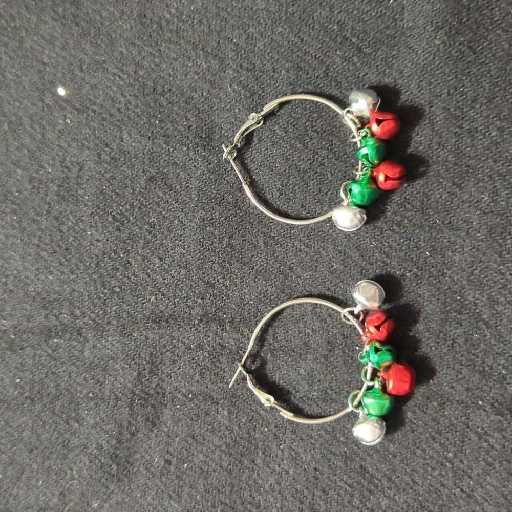 Silver Tone Red Green Jingle Bells Christmas Holiday Hoop Statement Earrings